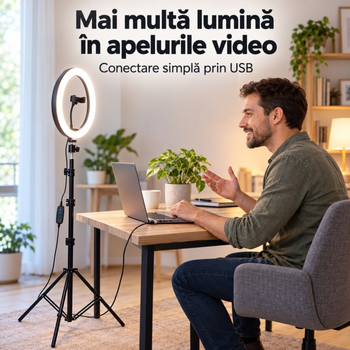 Lampa circulara LED VarioShop, pentru machiaj si continut video, lumina calda, neutra si rece, intensitate reglabila, suport telefon ,diametru 26 cm, USB, 60W, trepied pana la 220 cm [5]