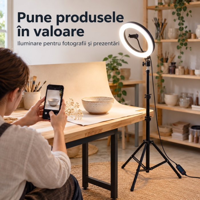 Lampa circulara LED VarioShop, pentru machiaj si continut video, lumina calda, neutra si rece, intensitate reglabila, suport telefon ,diametru 26 cm, USB, 60W, trepied pana la 220 cm [6]