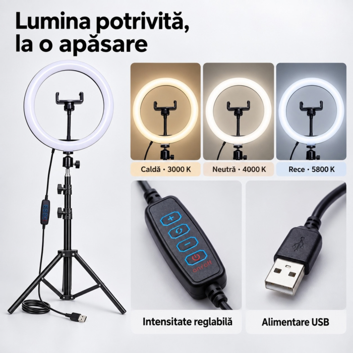 Lampa circulara LED VarioShop, pentru machiaj si continut video, lumina calda, neutra si rece, intensitate reglabila, suport telefon ,diametru 26 cm, USB, 60W, trepied pana la 220 cm [2]