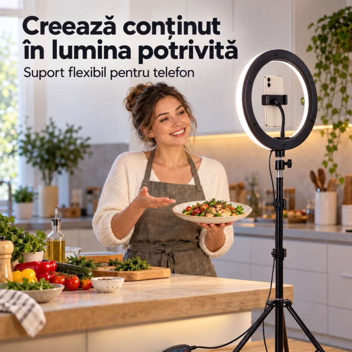 Lampa circulara LED VarioShop, pentru machiaj si continut video, lumina calda, neutra si rece, intensitate reglabila, suport telefon ,diametru 26 cm, USB, 60W, trepied pana la 220 cm [4]