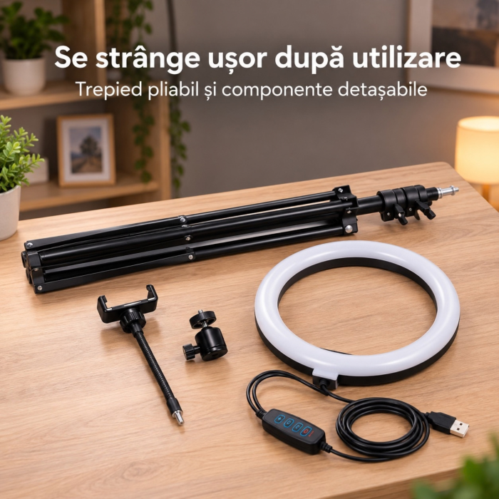 Lampa circulara LED VarioShop, pentru machiaj si continut video, lumina calda, neutra si rece, intensitate reglabila, suport telefon ,diametru 26 cm, USB, 60W, trepied pana la 220 cm [7]