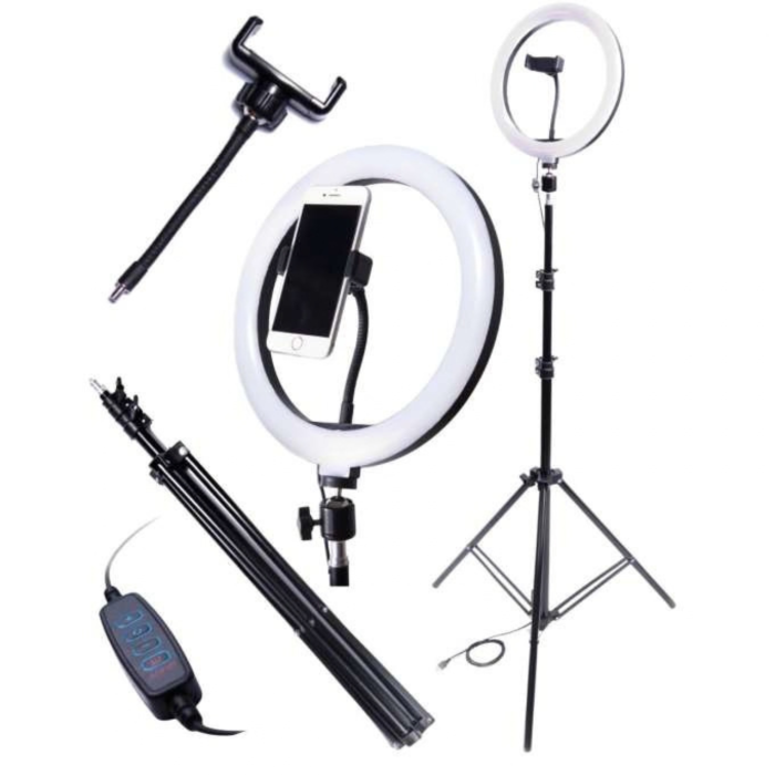 Lampa circulara LED VarioShop, pentru machiaj si continut video, lumina calda, neutra si rece, intensitate reglabila, suport telefon ,diametru 26 cm, USB, 60W, trepied pana la 220 cm [9]