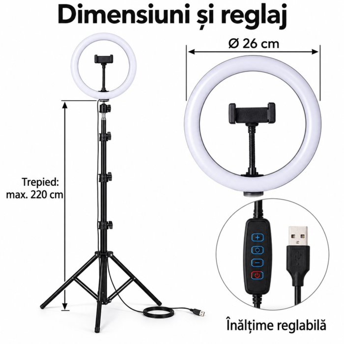 Lampa circulara LED VarioShop, pentru machiaj si continut video, lumina calda, neutra si rece, intensitate reglabila, suport telefon ,diametru 26 cm, USB, 60W, trepied pana la 220 cm [3]