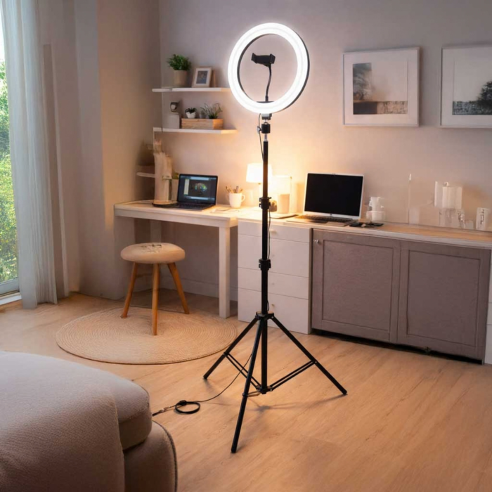Lampa circulara LED VarioShop, pentru machiaj si continut video, lumina calda, neutra si rece, intensitate reglabila, suport telefon ,diametru 26 cm, USB, 60W, trepied pana la 220 cm [10]