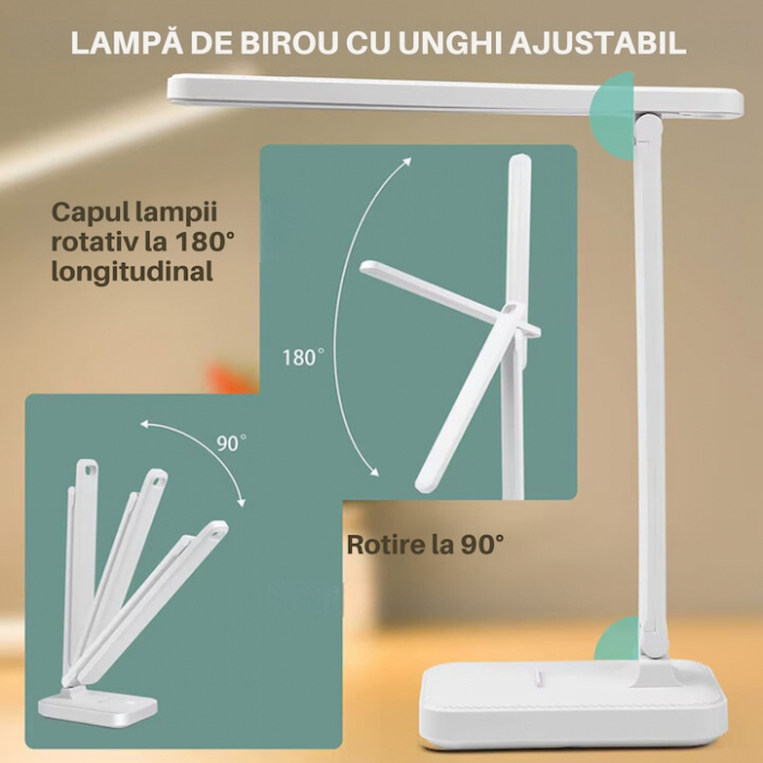 Lampa LED pentru birou VarioShop®, 3 Niveluri de reglare a luminozitatii, Design pliabil si ajustabil, Control tactil, Alimentare USB, Cap rotativ 180°, Ideala pentru birou, dormitor sau living, Culoa [10]