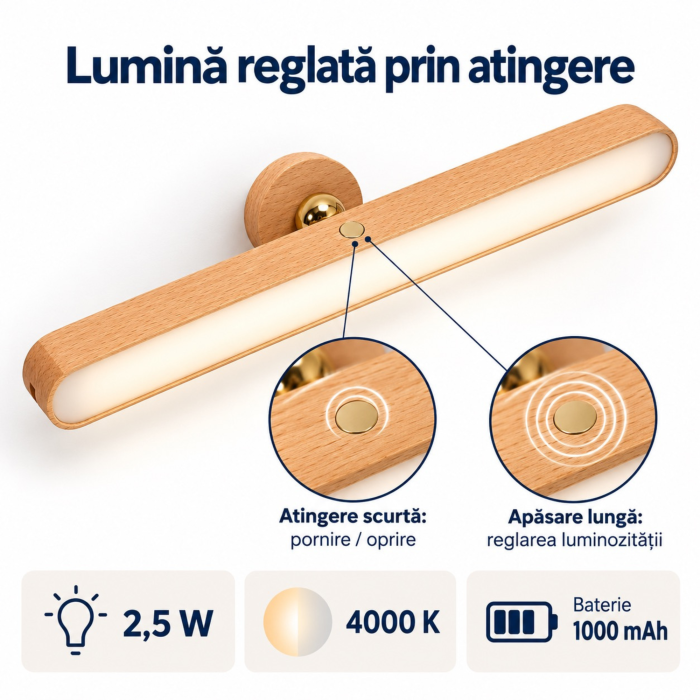 Lampa LED portabila fara fir VarioShop®, cu fixare magnetica pe perete, ideala pentru citit, dormitor, hol si dulap, lumina reglabila tactil, rotire 360°, acumulator 1000 mAh, incarcare USB-C, maro [6]