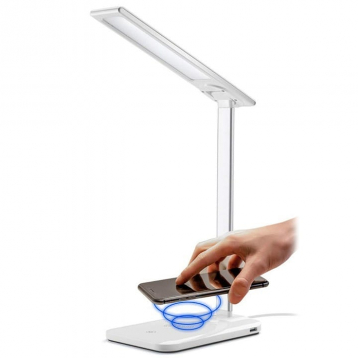 Lampa LED VarioShop®, Veioza cu Incarcator Wireless Fast Charge Universal, Touch Control, Timer, Iluminare Reglabila, Brat Reglabil, 37 x 12 x 17 cm, Alb [12]