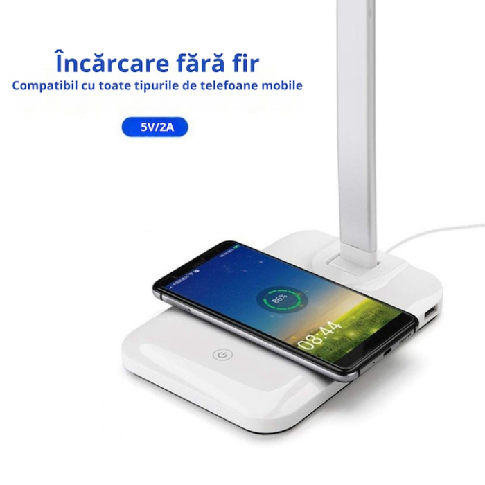 Lampa LED VarioShop®, Veioza cu Incarcator Wireless Fast Charge Universal, Touch Control, Timer, Iluminare Reglabila, Brat Reglabil, 37 x 12 x 17 cm, Alb [7]