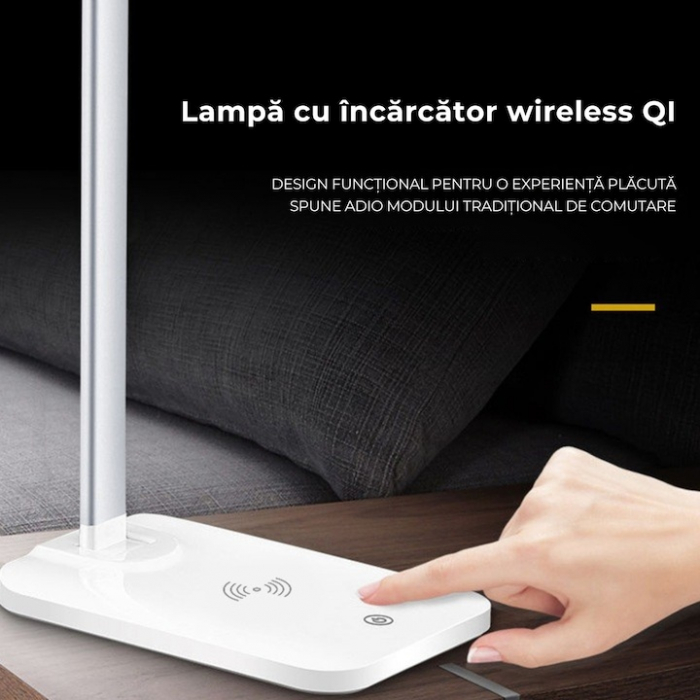Lampa LED VarioShop®, Veioza cu Incarcator Wireless Fast Charge Universal, Touch Control, Timer, Iluminare Reglabila, Brat Reglabil, 37 x 12 x 17 cm, Alb [2]