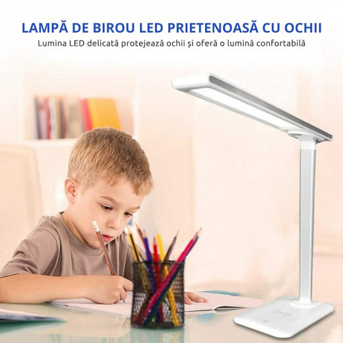 Lampa LED VarioShop®, Veioza cu Incarcator Wireless Fast Charge Universal, Touch Control, Timer, Iluminare Reglabila, Brat Reglabil, 37 x 12 x 17 cm, Alb [3]