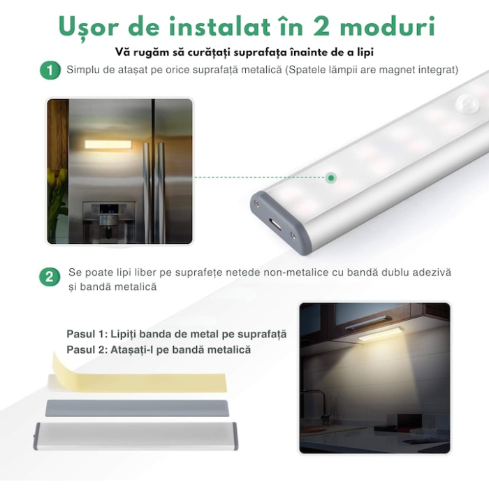 Lampa LED Wirelles cu Senzor de Miscare VarioShop®, Banda Dubla Adeziva, Alimentare Baterii 4 x AAA, 10 Leduri, Lumina Calda, pentru Iluminare Coridor/Baie/Interiorului Dulapului/Scari, Alb [2]