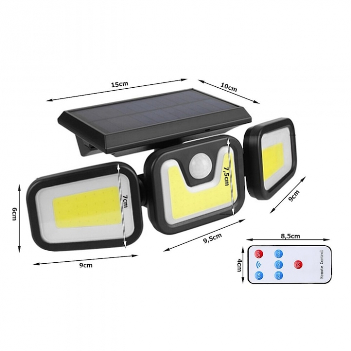 Lampa Solara 103 COB LED VarioShop®, Senzor de Lumina, Senzor de Miscare, 3 Moduri de Iluminare, Telecomanda cu Functii Multiple, Putere 120 W, Clasa A, IP67 Wateproof, Negru [4]