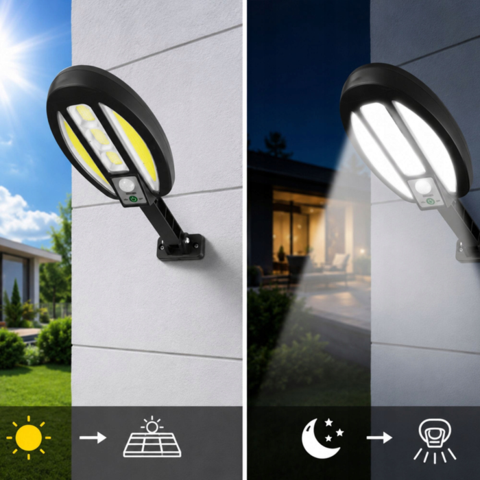 Lampa solara de exterior VarioShop®, cu senzor de miscare, LED COB, baterie 3000 mAh, montare pe perete, pentru garaj, poarta, terasa si alee, negru [4]