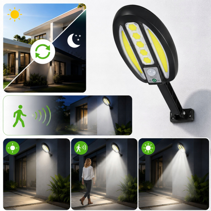 Lampa solara de exterior VarioShop®, cu senzor de miscare, LED COB, baterie 3000 mAh, montare pe perete, pentru garaj, poarta, terasa si alee, negru [2]