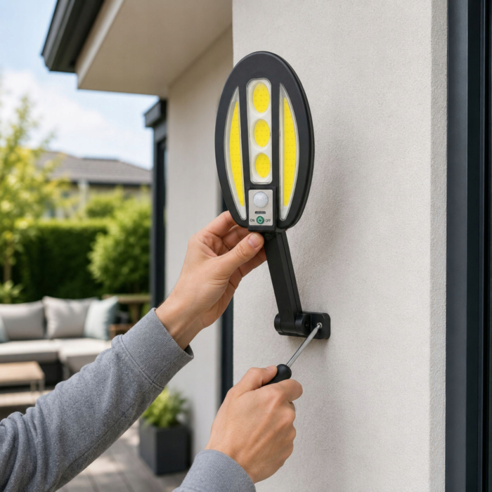 Lampa solara de exterior VarioShop®, cu senzor de miscare, LED COB, baterie 3000 mAh, montare pe perete, pentru garaj, poarta, terasa si alee, negru [8]