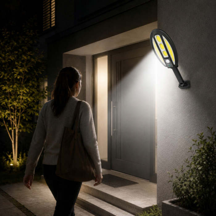 Lampa solara de exterior VarioShop®, cu senzor de miscare, LED COB, baterie 3000 mAh, montare pe perete, pentru garaj, poarta, terasa si alee, negru [9]