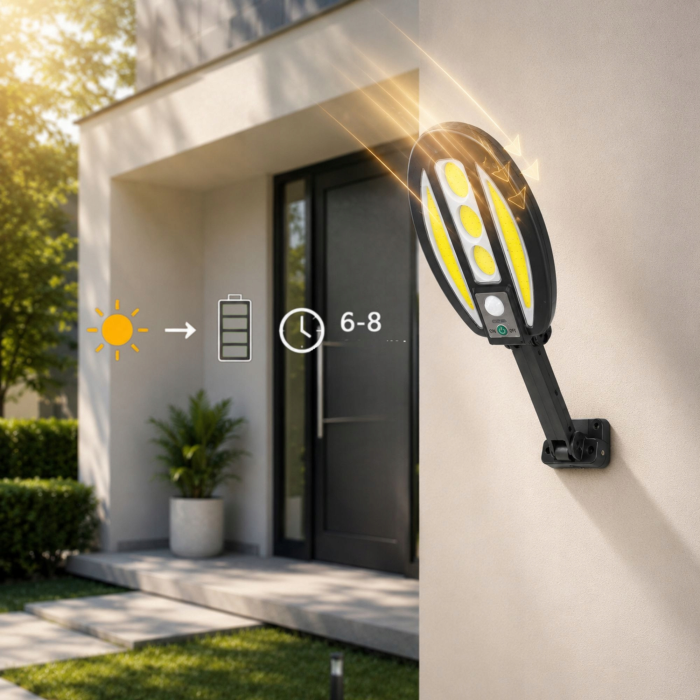 Lampa solara de exterior VarioShop®, cu senzor de miscare, LED COB, baterie 3000 mAh, montare pe perete, pentru garaj, poarta, terasa si alee, negru [5]