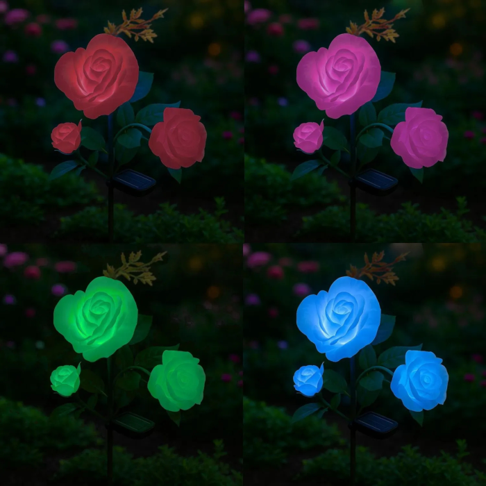 Lampa solara de gradina VarioShop®,  3 trandafiri, lumina multicolora, senzor de amurg, tarus de fixare, IP44, pentru gradina si alee [3]