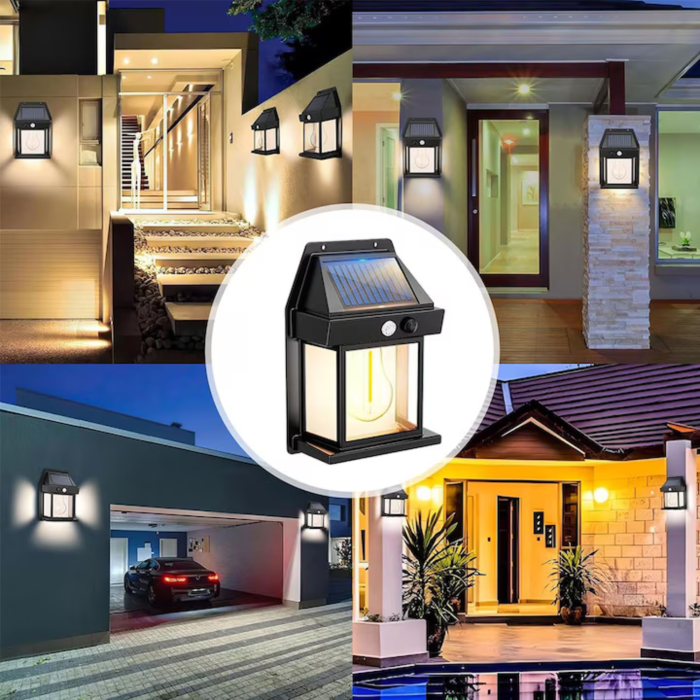 Lampa solara de perete VarioShop® pentru exterior, LED E27, senzor amurg, impermeabila, 11x17x6 cm, negru [6]