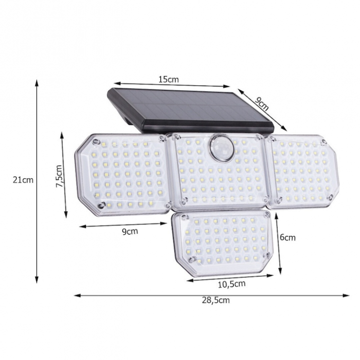 Lampa solara LED de exterior VarioShop ®, Senzor de Miscare de Pana la 5 metri, Telecomanda si 4 Moduri de Functionare Diferite, 181 LED-uri, Impermeabilitate IP65, Unghi Reglabil, Neagra [2]