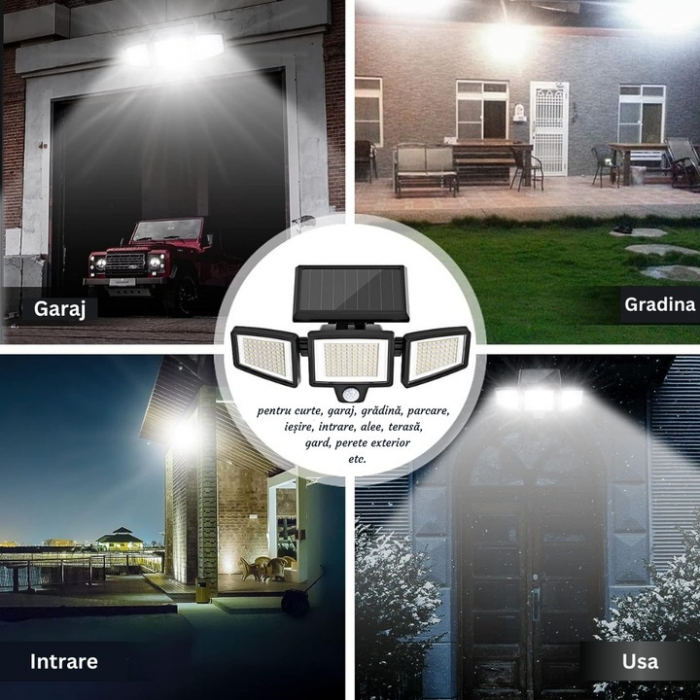 Lampa solara LED de exterior VarioShop ®, Senzor de Miscare de Pana la 5 metri, Telecomanda si 4 Moduri de Functionare Diferite, 181 LED-uri, Impermeabilitate IP65, Unghi Reglabil, Neagra [7]