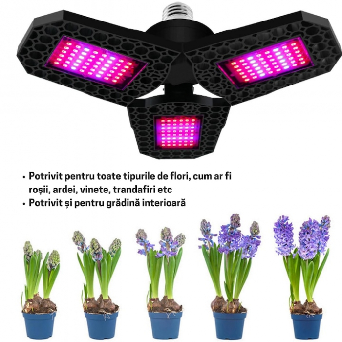Lampa UV pentru cresterea plantelor la interior VarioShop®, 8 W, 108 LED-uri, 3 brate reglabile, E 27, pliabila, spectru rosu si albastru, 23 x 9.5 cm [3]