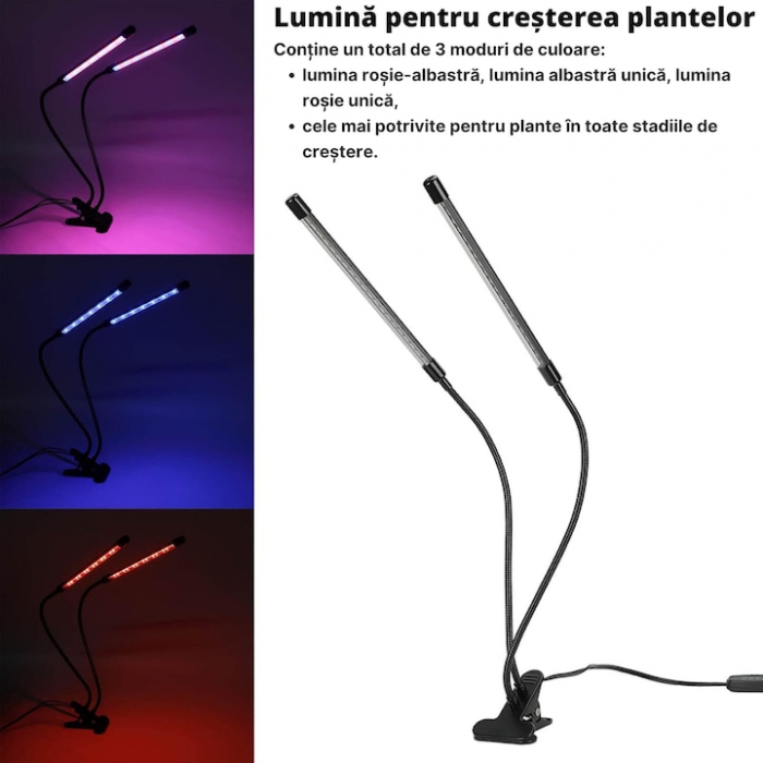 Lampa UV pentru cresterea plantelor pentru interior cu 2 brate reglabile VarioShop®, lumina LED, 3 moduri, 9 trepte intensitate, cu temporizator, mod de prindere: cleste, alimentare priza, Negru [17]
