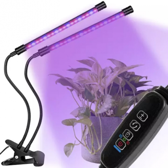 Lampa UV pentru cresterea plantelor pentru interior cu 2 brate reglabile VarioShop®, lumina LED, 3 moduri, 9 trepte intensitate, cu temporizator, mod de prindere: cleste, alimentare priza, Negru [18]