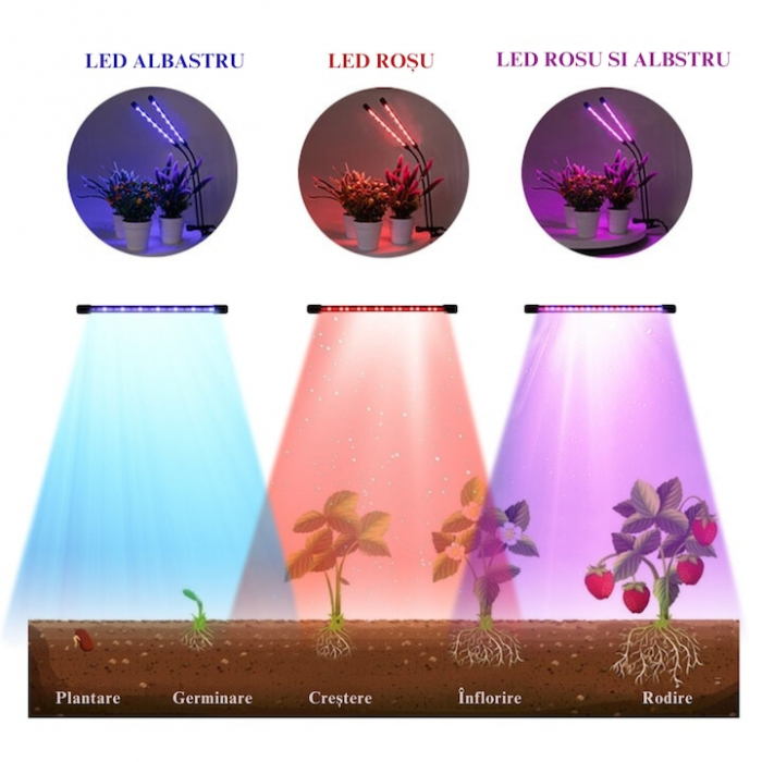 Lampa UV pentru cresterea plantelor pentru interior cu 2 brate reglabile VarioShop®, lumina LED, 3 moduri, 9 trepte intensitate, cu temporizator, mod de prindere: cleste, alimentare priza, Negru [4]