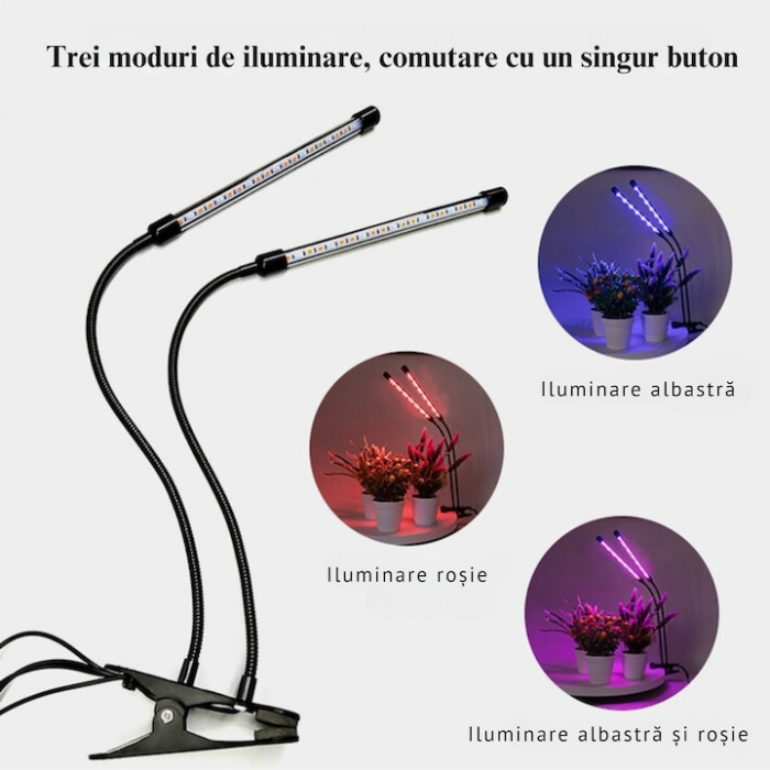 Lampa UV pentru cresterea plantelor pentru interior cu 2 brate reglabile VarioShop®, lumina LED, 3 moduri, 9 trepte intensitate, cu temporizator, mod de prindere: cleste, alimentare priza, Negru [7]