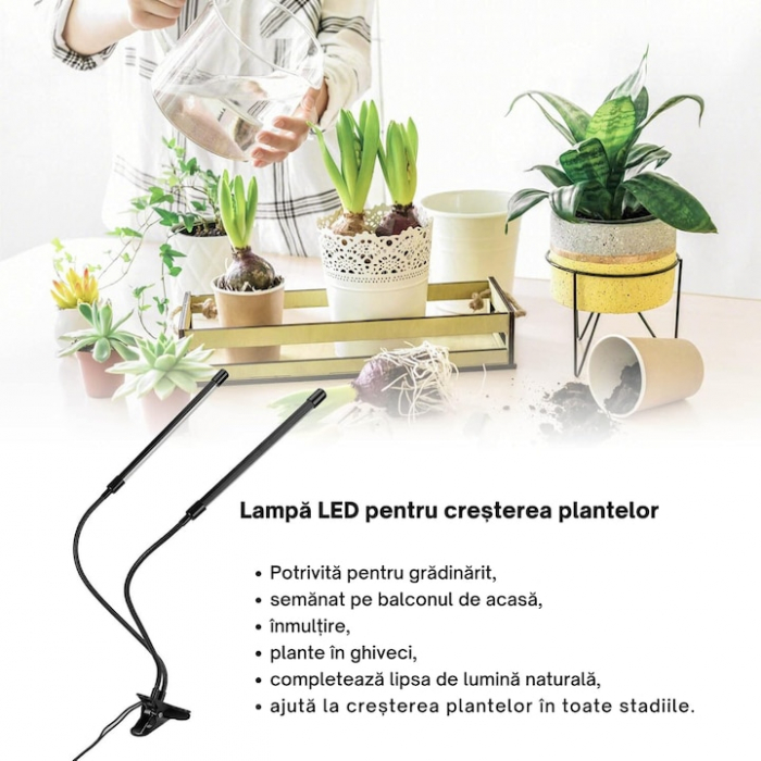 Lampa UV pentru cresterea plantelor pentru interior cu 2 brate reglabile VarioShop®, lumina LED, 3 moduri, 9 trepte intensitate, cu temporizator, mod de prindere: cleste, alimentare priza, Negru [10]