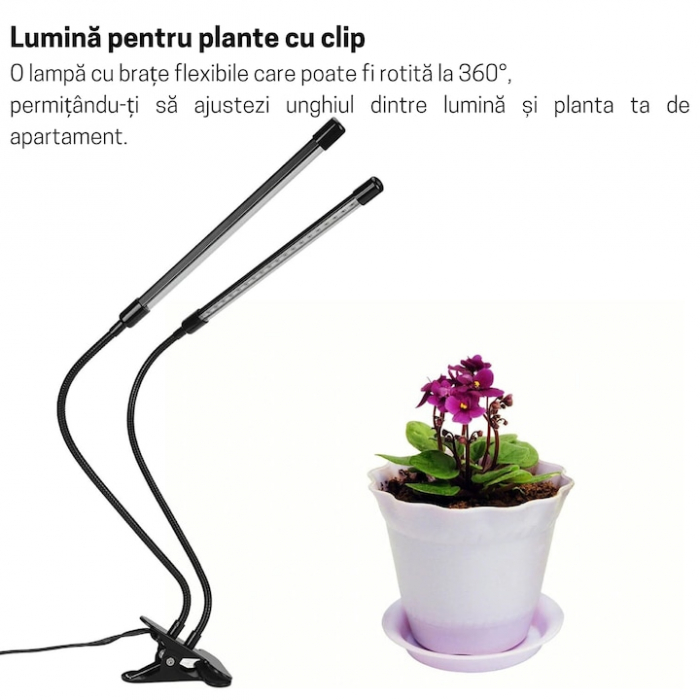 Lampa UV pentru cresterea plantelor pentru interior cu 2 brate reglabile VarioShop®, lumina LED, 3 moduri, 9 trepte intensitate, cu temporizator, mod de prindere: cleste, alimentare priza, Negru [16]
