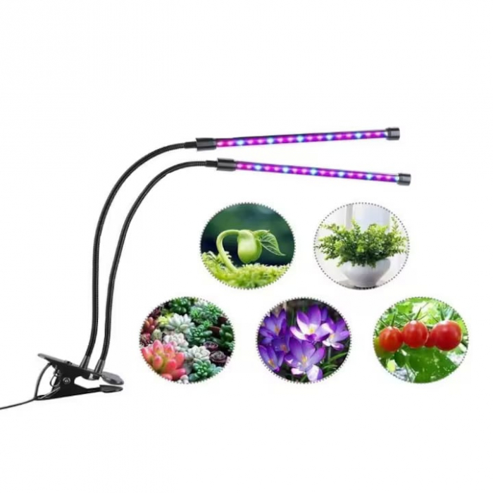 Lampa UV pentru cresterea plantelor pentru interior cu 2 brate reglabile VarioShop®, lumina LED, 3 moduri, 9 trepte intensitate, cu temporizator, mod de prindere: cleste, alimentare priza, Negru [9]
