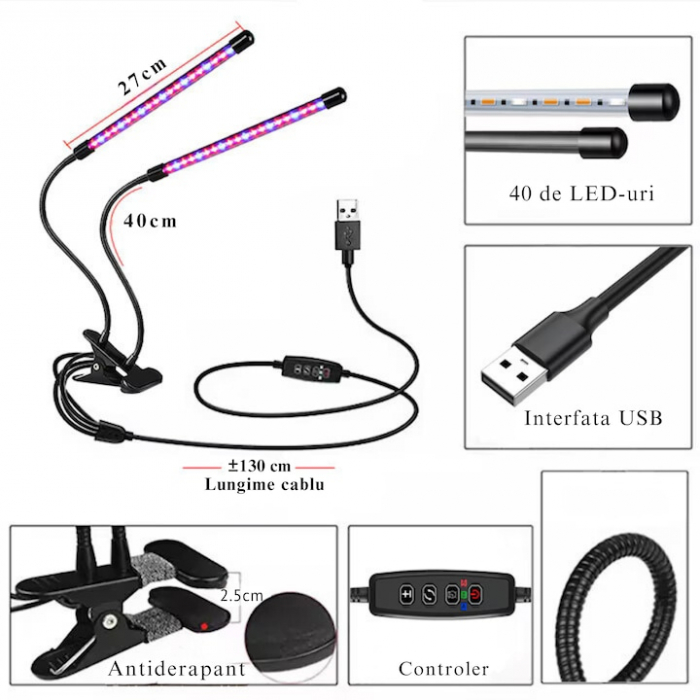 Lampa UV pentru cresterea plantelor pentru interior cu 2 brate reglabile VarioShop®, lumina LED, 3 moduri, 9 trepte intensitate, cu temporizator, mod de prindere: cleste, alimentare priza, Negru [8]