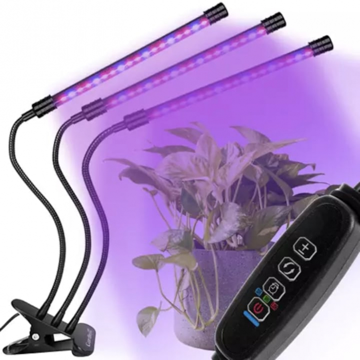 Lampa UV pentru cresterea plantelor pentru interior cu 3 brate reglabile VarioShop®, lumina LED, 3 Moduri, 9 trepte intensitate, cu temporizator, mod de prindere: cleste, alimentare priza si USB, Negr [14]