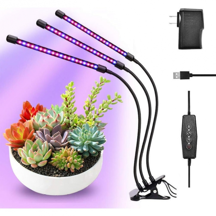 Lampa UV pentru cresterea plantelor pentru interior cu 3 brate reglabile VarioShop®, lumina LED, 3 Moduri, 9 trepte intensitate, cu temporizator, mod de prindere: cleste, alimentare priza si USB, Negr [12]