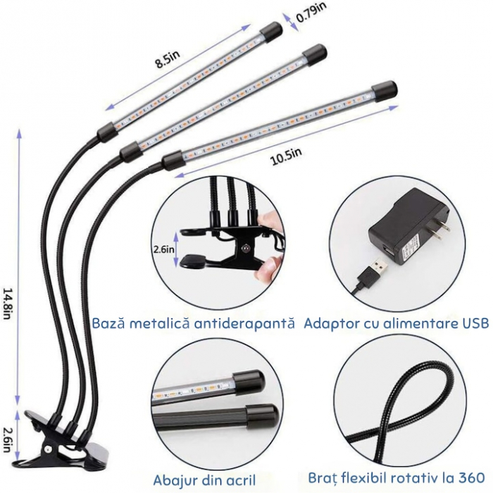 Lampa UV pentru cresterea plantelor pentru interior cu 3 brate reglabile VarioShop®, lumina LED, 3 Moduri, 9 trepte intensitate, cu temporizator, mod de prindere: cleste, alimentare priza si USB, Negr [2]