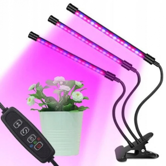 Lampa UV pentru cresterea plantelor pentru interior cu 3 brate reglabile VarioShop®, lumina LED, 3 Moduri, 9 trepte intensitate, cu temporizator, mod de prindere: cleste, alimentare priza si USB, Negr [16]