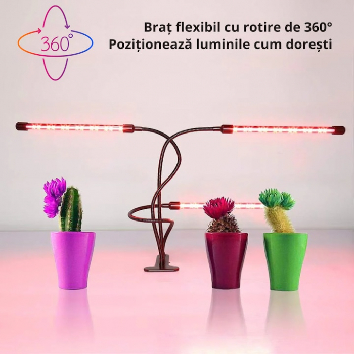 Lampa UV pentru cresterea plantelor pentru interior cu 3 brate reglabile VarioShop®, lumina LED, 3 Moduri, 9 trepte intensitate, cu temporizator, mod de prindere: cleste, alimentare priza si USB, Negr [3]