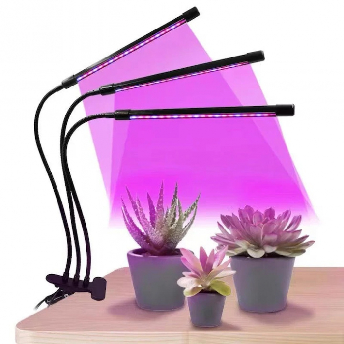 Lampa UV pentru cresterea plantelor pentru interior cu 3 brate reglabile VarioShop®, lumina LED, 3 Moduri, 9 trepte intensitate, cu temporizator, mod de prindere: cleste, alimentare priza si USB, Negr [15]