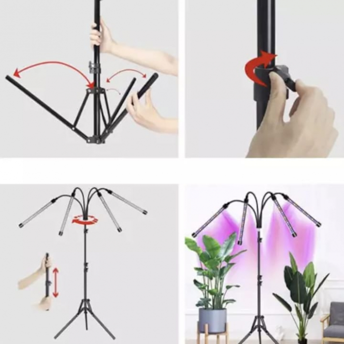 Lampa UV pentru cresterea plantelor pentru interior cu 4 brate reglabile VarioShop®, lumina LED, 3 Moduri, 9 trepte intensitate, cu temporizator, cu trepied reglabil pe inaltime, alimentare priza si U [14]