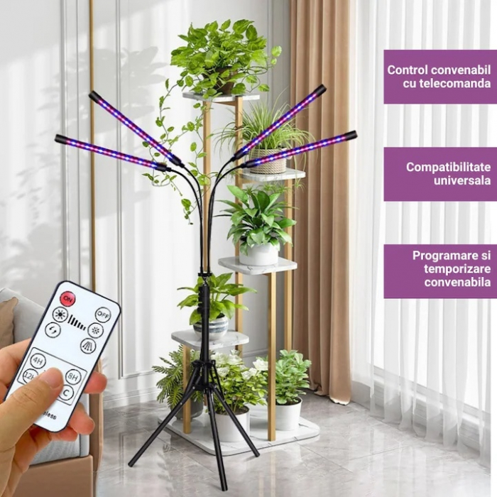 Lampa UV pentru cresterea plantelor pentru interior cu 4 brate reglabile VarioShop®, lumina LED, 3 Moduri, 9 trepte intensitate, cu temporizator, cu trepied reglabil pe inaltime, alimentare priza si U [4]