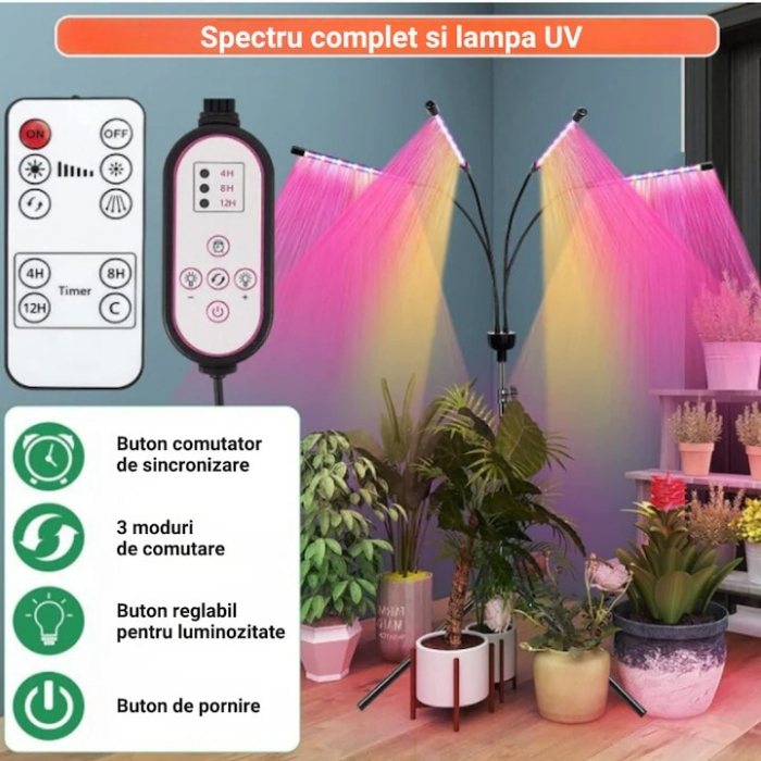 Lampa UV pentru cresterea plantelor pentru interior cu 4 brate reglabile VarioShop®, lumina LED, 3 Moduri, 9 trepte intensitate, cu temporizator, cu trepied reglabil pe inaltime, alimentare priza si U [5]