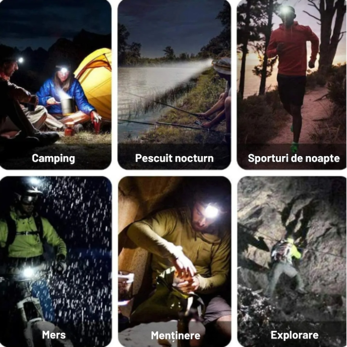 Lanterna frontala LED cu 7 surse de lumina VarioShop®, baterii reincarcabile 5800 mAh, raza lunga, rezistenta sporita, ideala pentru drumetii, camping, pescuit, lucru, ciclism sau situatii de urgenta [7]