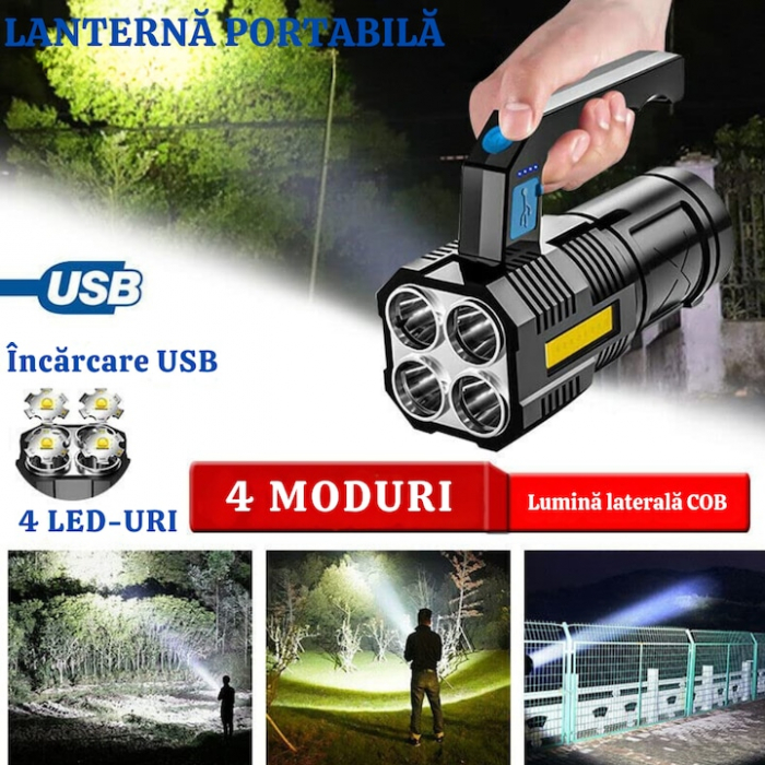 Lanterna LED Portabila VarioShop®, 4 Moduri De Iluminare, Impermeabilitate IPX4, Indicator Nivel Baterie, Distanta Lumina 300 m, Incarcare Rapida, 14.5 x 6 x 5.5 cm, Negru [9]