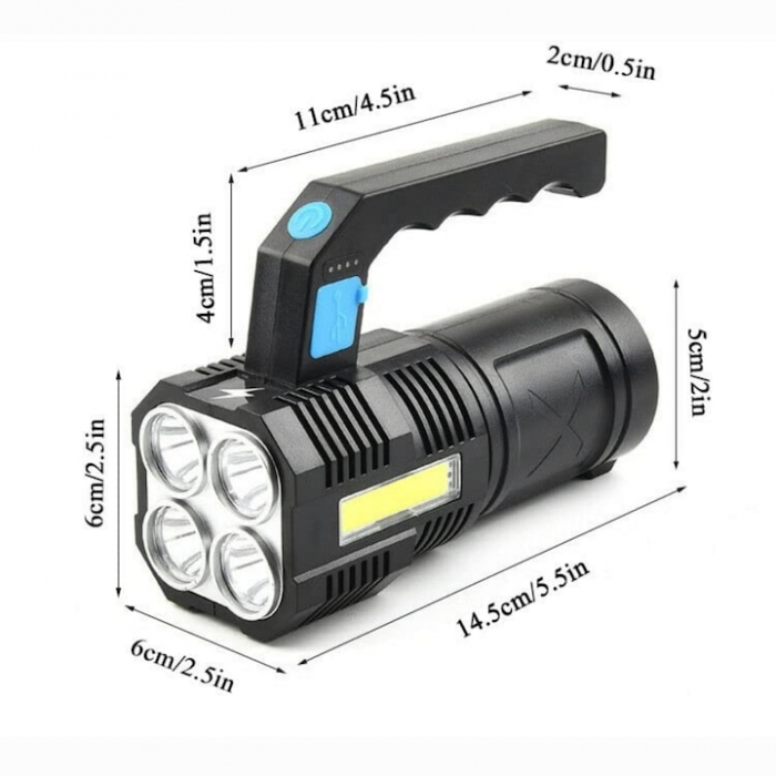 Lanterna LED Portabila VarioShop®, 4 Moduri De Iluminare, Impermeabilitate IPX4, Indicator Nivel Baterie, Distanta Lumina 300 m, Incarcare Rapida, 14.5 x 6 x 5.5 cm, Negru [13]