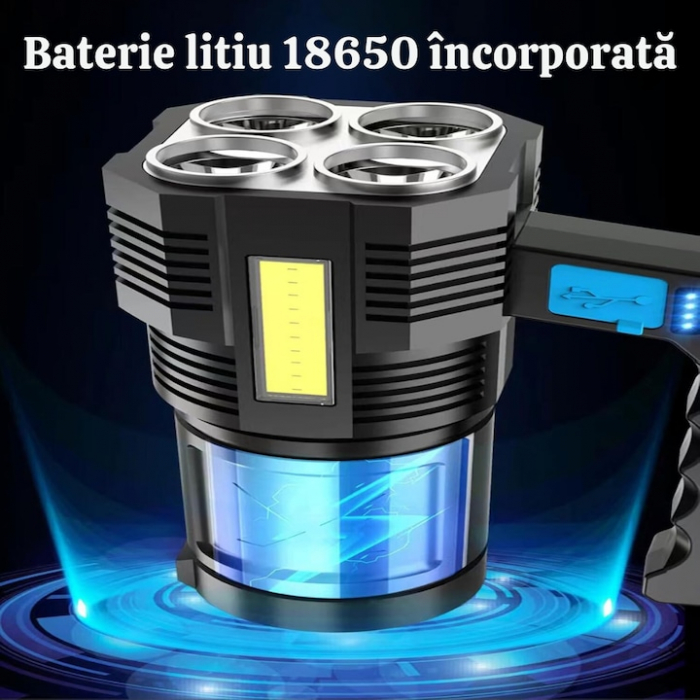 Lanterna LED Portabila VarioShop®, 4 Moduri De Iluminare, Impermeabilitate IPX4, Indicator Nivel Baterie, Distanta Lumina 300 m, Incarcare Rapida, 14.5 x 6 x 5.5 cm, Negru [5]