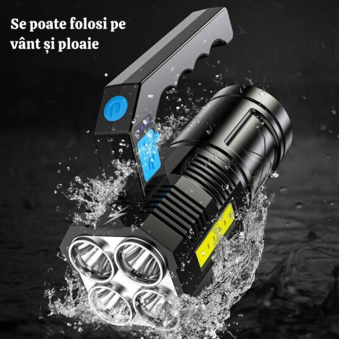 Lanterna LED Portabila VarioShop®, 4 Moduri De Iluminare, Impermeabilitate IPX4, Indicator Nivel Baterie, Distanta Lumina 300 m, Incarcare Rapida, 14.5 x 6 x 5.5 cm, Negru [7]