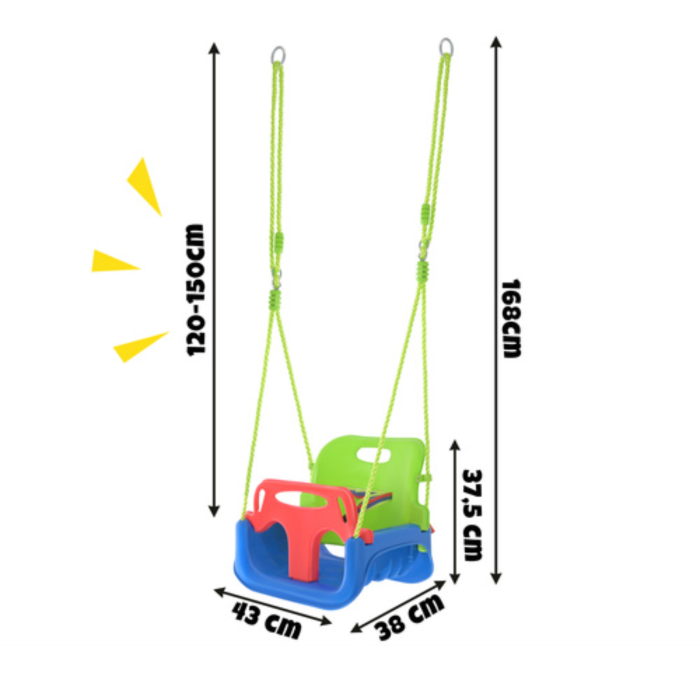 Leagan copii 3 in 1 VarioShop®, cu bara protectie si spatar detasabile, franghii reglabile 120-150 cm, antiderapant, pentru interior si gradina, albastru/verde [8]