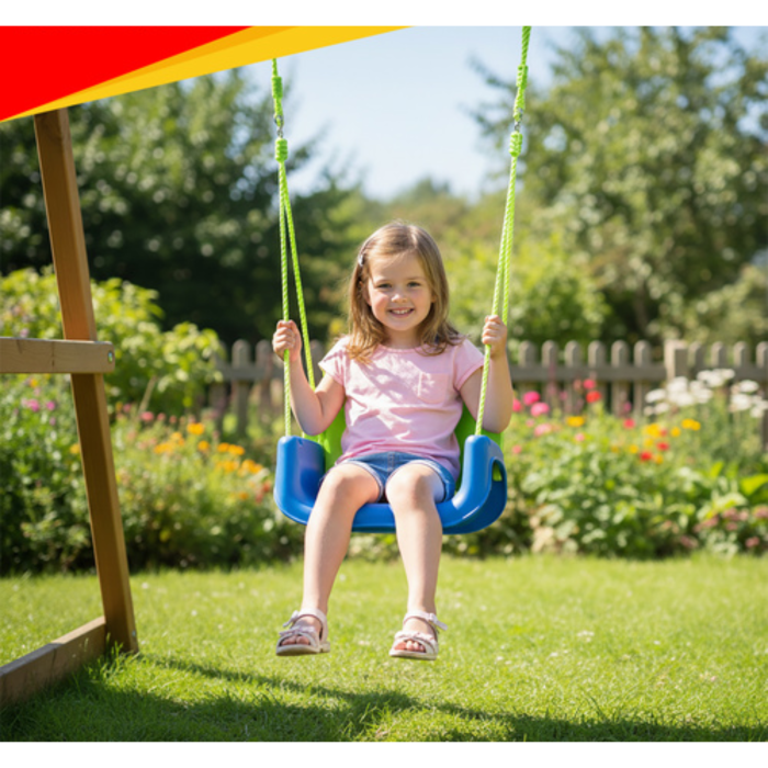 Leagan copii 3 in 1 VarioShop®, cu bara protectie si spatar detasabile, franghii reglabile 120-150 cm, antiderapant, pentru interior si gradina, albastru/verde [2]